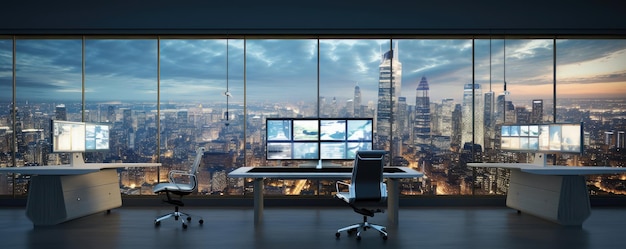 Modernes Büro mit Panoramablick auf die Stadt in der Dämmerung