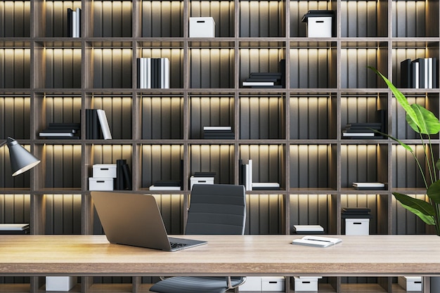 Modernes Büro mit Regalen oder Bibliotheksinterieur mit Arbeitsplatz 3D-Rendering