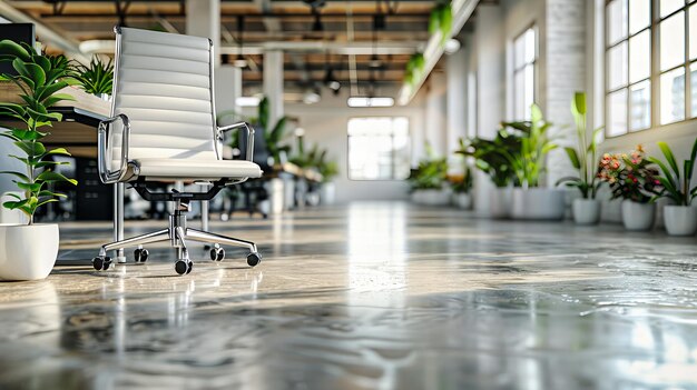 Modernes Büro mit sauberem und hellem Design Leerer Arbeitsplatz mit stilvollen Möbeln und Blick auf die Stadt