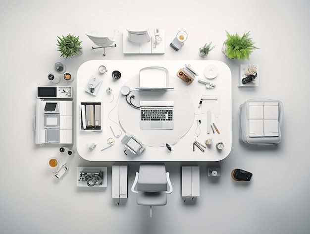 Modernes Büro-Schreibtisch-Layout mit einem Laptop auf dem Tisch-Design, Foto-KI generiert
