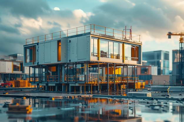 Modernes Bürogebäude aus Industriecontainern gegen die dramatische Skyline, die sich auf der Wasseroberfläche widerspiegelt