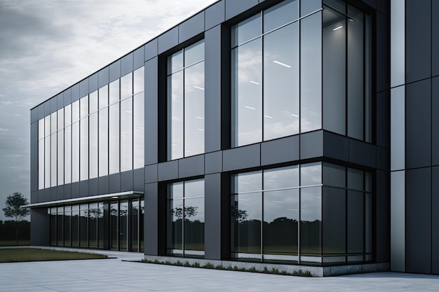 Modernes Bürogebäude mit eleganten und stilvollen Aluminiumfenstern, erstellt mit generativer KI
