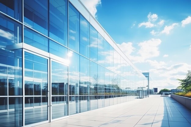 Modernes Bürogebäude mit Glasfassaden Blauer Himmel Geschäftsaktivitätskonzept von unten nach oben