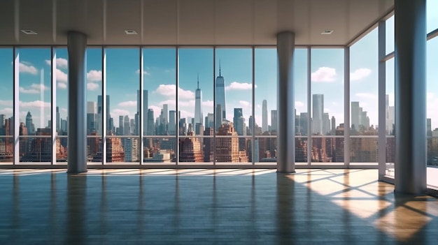 Modernes Bürogebäude mit luxuriösem Blick auf die Skyline im Hintergrund