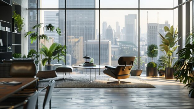 Modernes Bürointerieur mit großen Fenstern und atemberaubendem Blick auf die Stadt Skyline Loft-Stil offener Raum mit