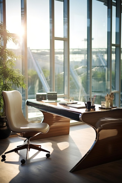 Modernes Bürointerieur mit großen Fenstern und Blick auf die Stadt