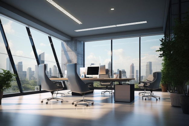 Modernes Bürointerieur mit Panoramablick auf die Stadt 3D-Rendering Modernes Geschäftsbürointerieur in einem 3D-Rendering AI Generated
