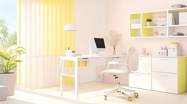 Modernes Bürozimmer am Heimarbeitsplatz im sonnigen Stil in realistischen Pastellfarben mit weißen Möbeln