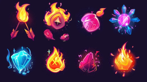 Modernes Cartoon-Set mit magischen Zaubersprüchen, Ikonen, Lichteffekten, Heiltränke, Eiskristalle, Pfeile, Blitze, Feuerkugeln, Feuerkristalle und Pfeile
