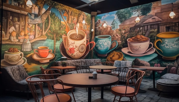 Foto modernes coffeeshop-design mit bequemen stühlen und holzböden, generiert von ki