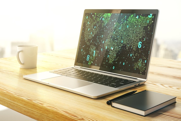 Modernes Computerdisplay mit abstraktem Programmiersprachen-Hologramm und Weltkarte künstliche Intelligenz und neuronales Netzkonzept 3D-Rendering