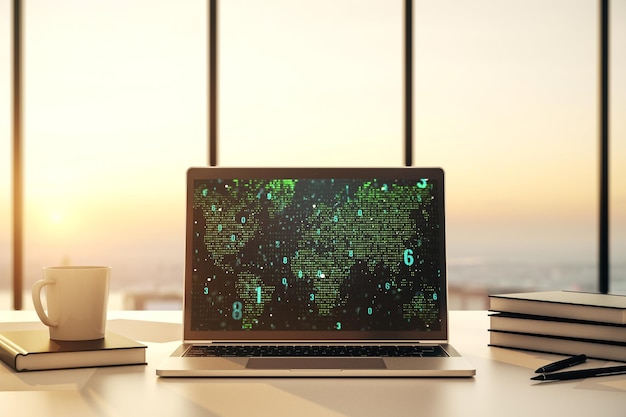 Modernes Computerdisplay mit abstraktem Softwareentwicklungshologramm und Weltkarte, globales Forschungs- und Analysekonzept 3D-Rendering