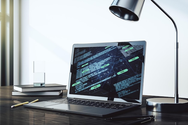 Modernes Computerdisplay mit abstrakter Programmiersprache, Hologramm, künstlicher Intelligenz und maschinellem Lernkonzept 3D-Rendering