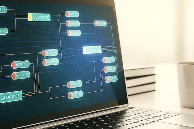 Modernes Computerdisplay mit abstrakter Programmiersprache, Hologramm, künstlicher Intelligenz und maschinellem Lernkonzept 3D-Rendering