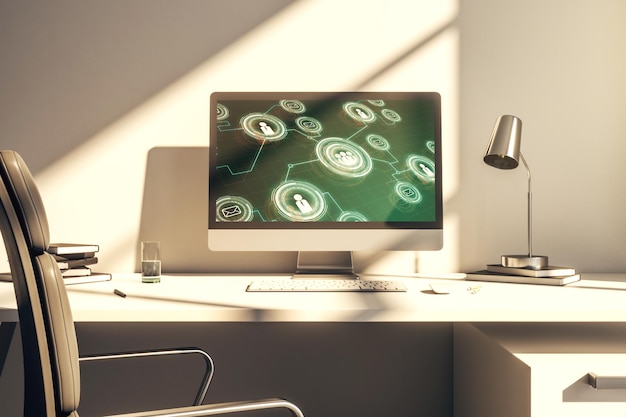 Modernes Computerdisplay mit Symbolen für soziale Netzwerke Networking-Konzept 3D-Rendering