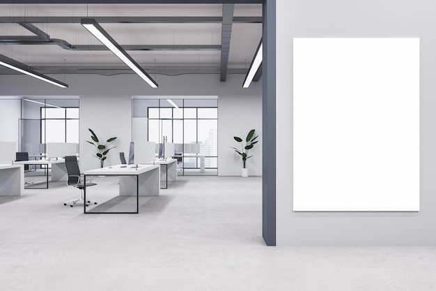 Modernes Coworking-Büro aus Beton mit Mock-up-Poster an Wandfenstern, Ausstattung, Möbeln und anderen Gegenständen 3D-Rendering