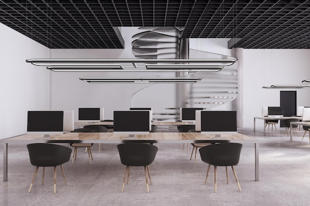 Modernes Coworking-Büro aus Beton mit Möbeln und Wendeltreppe 3D-Rendering