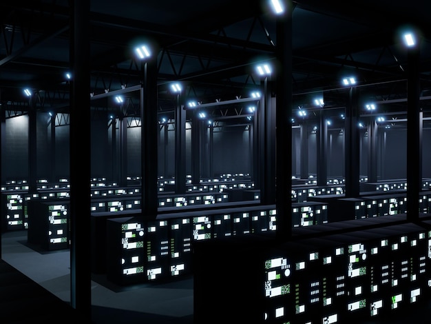 Modernes Datenbankzentrum mit Servern auf Racks, IT-Raum für den globalen Supercomputer-Speicher. Serverraum mit flackernden Lichtern, Cloud-Computing und Neuralnetzwerk. 3D-Rendering-Animation.