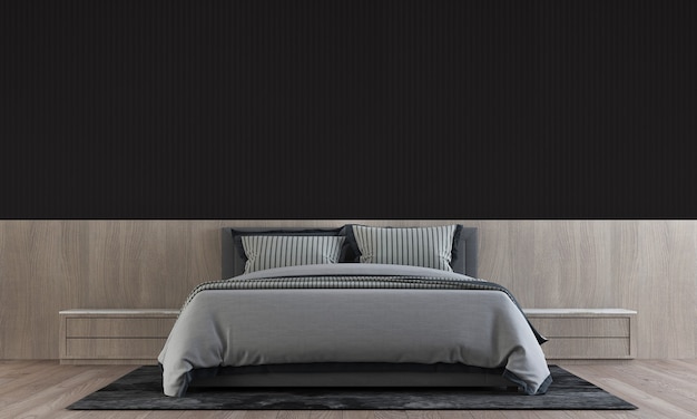 Modernes Design des Schlafzimmerinnenraums haben hölzernen Beistelltisch mit schwarzer Musterwand, 3d rendern