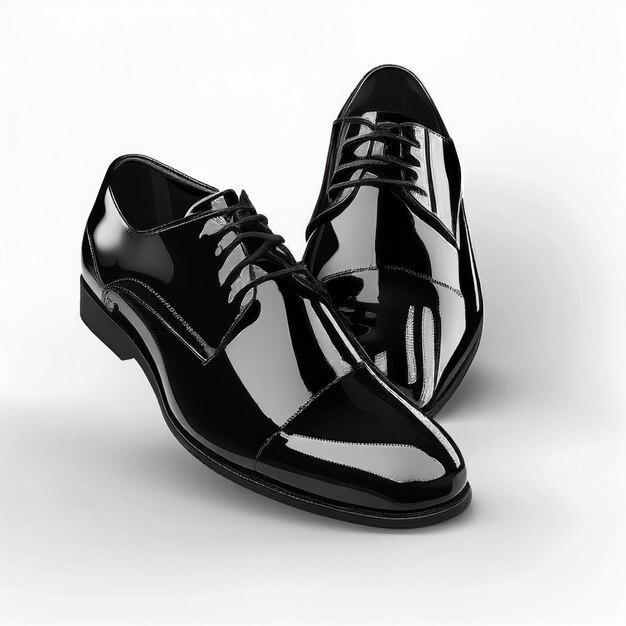 Modernes Design schwarze Lederschuhe glänzend auf weißem Hintergrund Erstellt mit generativer KI-Technologie