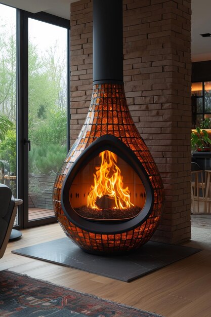 Modernes Designer-Schwarzgusseisen-Kamin in einem Landhaus mit einem brennenden Feuer