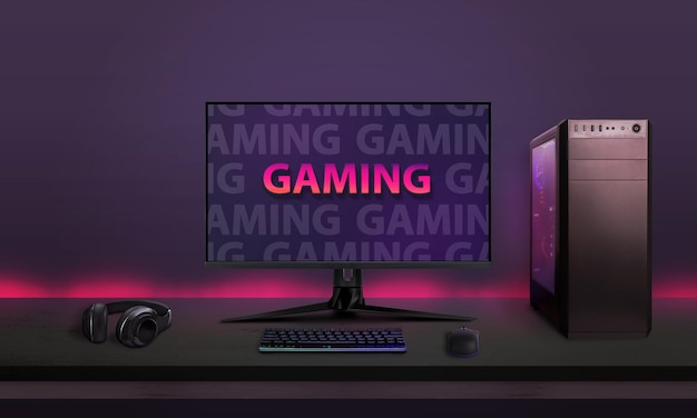 Foto modernes desktop-gaming-setup auf dem schreibtisch mit led-leuchten im hintergrund modernes gaming-font-konzept auf dem computerdisplay