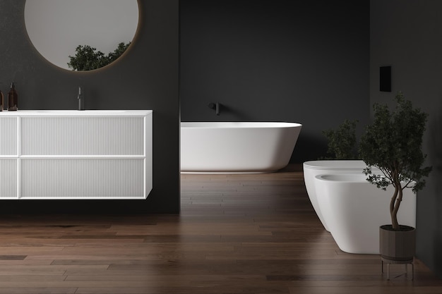 Modernes dunkles badezimmer mit grauen wänden parkettboden und komfortablem waschbecken mit schwarzer wasserhahnschublade ovaler spiegel an wandpflanzen badewanne wc bidet 3d-rendering