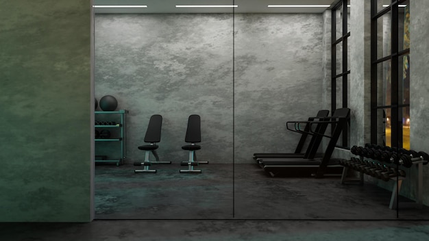 Modernes, dunkles Fitnessstudio-Innendesign mit Laufbändern für Sporttrainingsgeräte