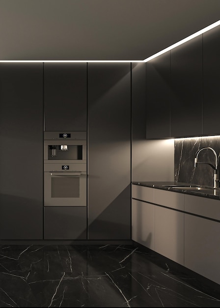 Modernes, dunkles Kücheninterieur mit weißer Decke, Marmorfliesenboden, Vorderansicht und hoher Qualität