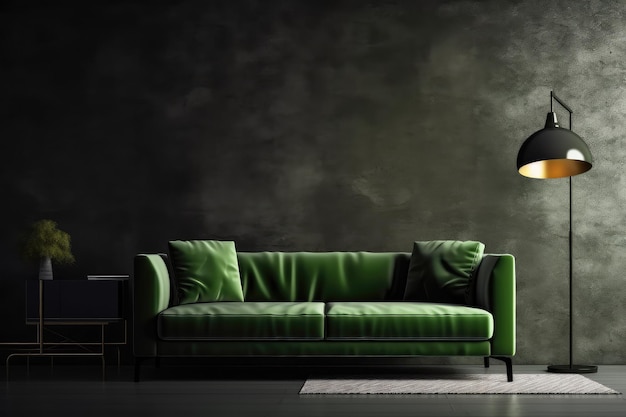 Modernes, dunkles Wohnzimmer mit grünen Couchkissen