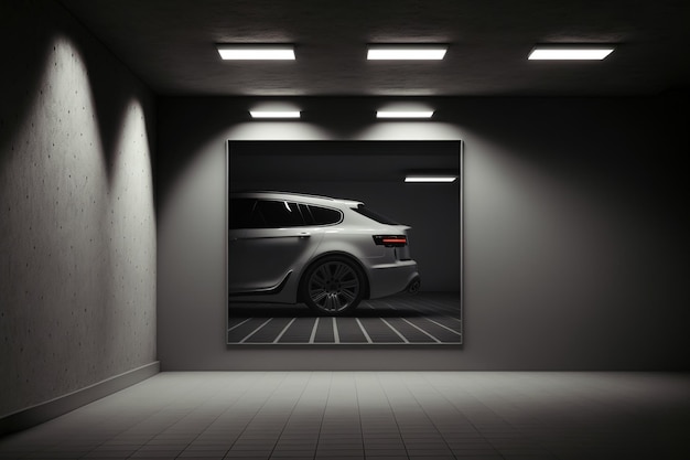 Foto modernes einfaches realistisches unterirdisches licht leuchtet auf zement beton hintergrundbild dunkelraum hangar parkplatz autohaus gefliest