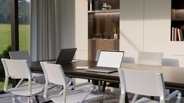 Modernes, elegantes innendesign für tagungsräume oder konferenzräume mit laptop auf dem besprechungstisch