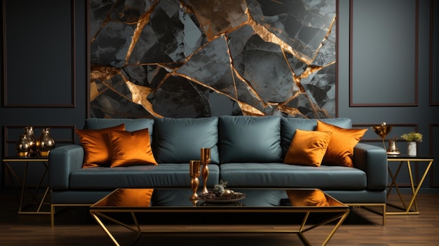 Modernes, elegantes Interieur mit goldenen Marmorwänden