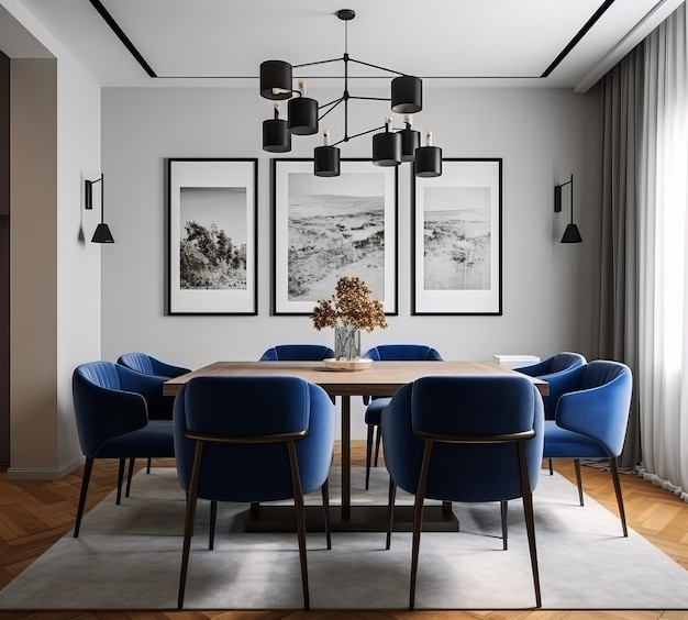 Modernes Esszimmer mit blauen Stühlen, Holztisch und monochromer Kunst