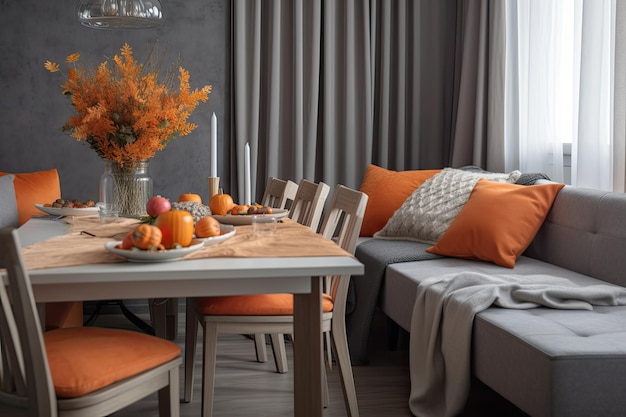 Modernes Esszimmer mit orangefarbenen und grauen Stühlen um einen eleganten Tisch Generative KI