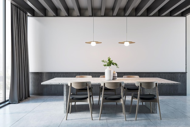 Modernes Esszimmerinterieur mit einem Betontisch, Holzstühlen und Anhängerlichtern vor einem großen Fensterhintergrund, das ein minimalistisches Design vermittelt 3D-Rendering