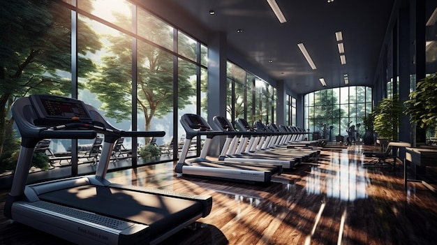 Modernes Fitnessstudio mit Sport- und Fitnessgeräten und Panoramafenstern. Fitnesscenter-Interieur