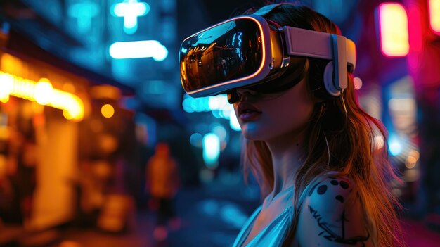 Modernes Frauenmodell genießt VR-Box im Neonlicht Generative KI