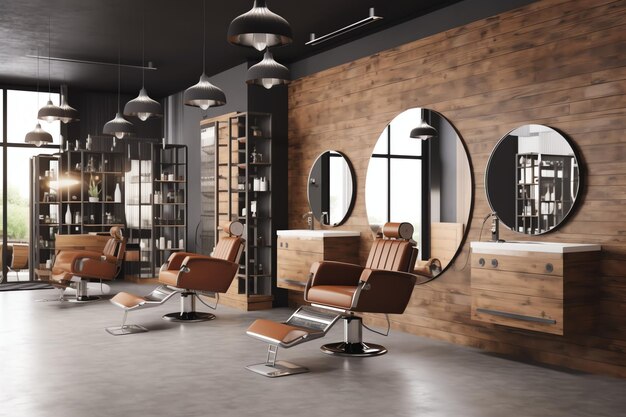 Modernes Friseursalon-Interieur mit Spiegelstuhl und anderen Geräten in der Nähe von Fenstern. Stühle im Friseursalon