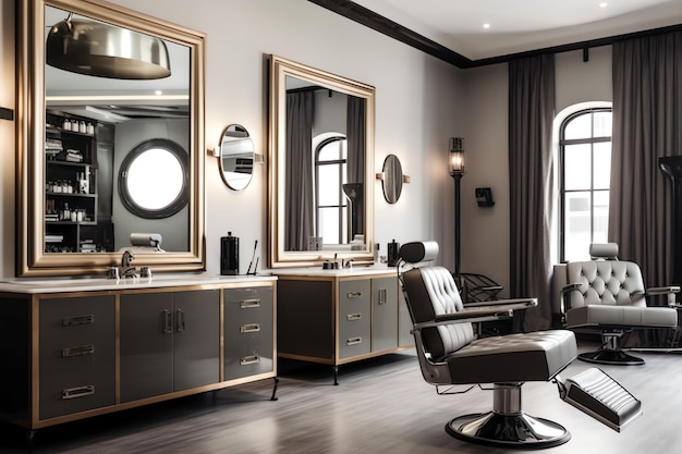 Modernes Friseursalon-Interieur mit Spiegelstuhl und anderen Geräten in der Nähe von Fenstern. Stühle im Friseursalon