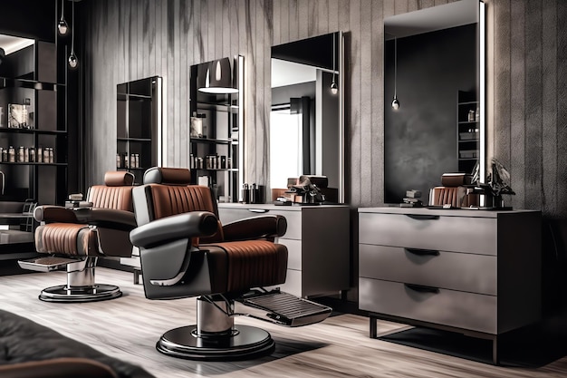 Modernes Friseursalon-Interieur mit Spiegelstuhl und anderen Geräten in der Nähe von Fenstern. Stühle im Friseursalon