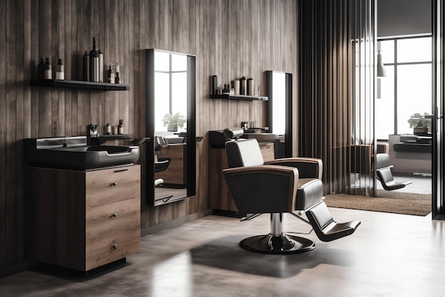 Modernes Friseursalon-Interieur mit Spiegelstuhl und anderen Geräten in der Nähe von Fenstern. Stühle im Friseursalon