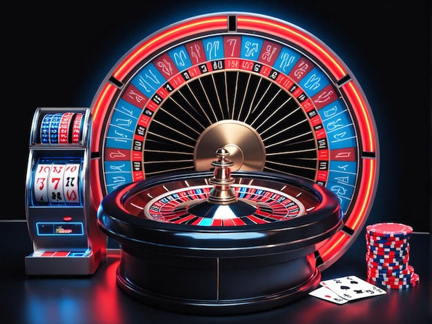 Modernes futuristisches Glücksspielkonzept Roulette-Rad-Casino-Spielkarten und Spielautomaten mit Glanz