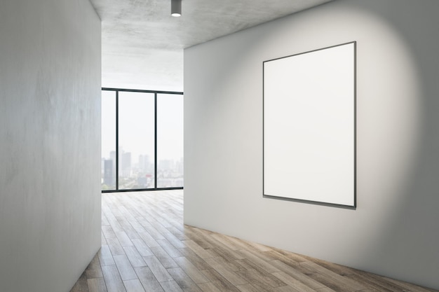 Modernes Galerie-Interieur mit Mock-up-Poster auf weißem Betonwand-Holzboden und Fenster mit Blick auf die Stadt Museum oder Wohnungskonzept 3D-Rendering