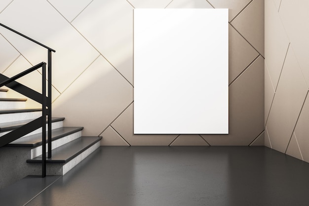 Foto modernes galerie-poster-mockup auf einer geometrisch gemusterten wand mit treppe 3d-rendering