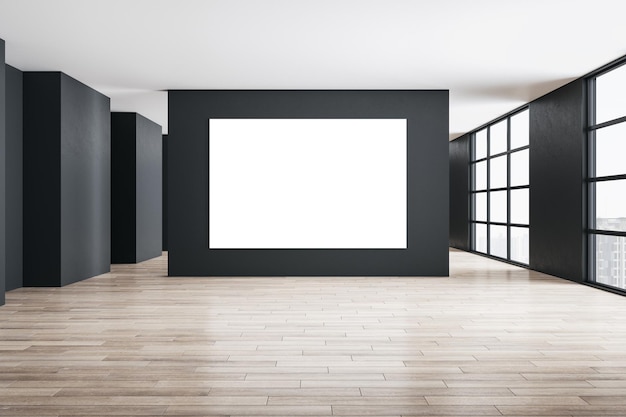 Modernes Galerieinterieur mit leerem weißem Poster an der Wand