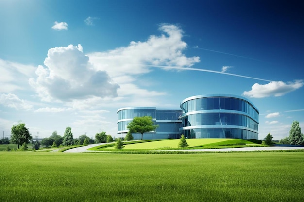 Modernes Gebäude in einer grünen Wiese mit Bäumen und Himmelshintergrund