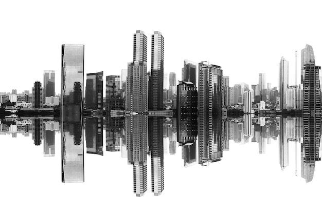 Modernes Gebäude und Wolkenkratzer mit Reflexion auf weißem Hintergrund
