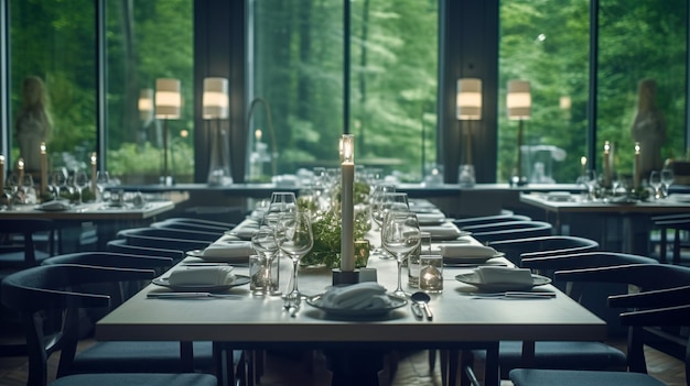 Modernes, gehobenes Gourmetrestaurant mit stilvollen Tischen. Gönnen Sie sich kulinarische Exzellenz mit generativer KI