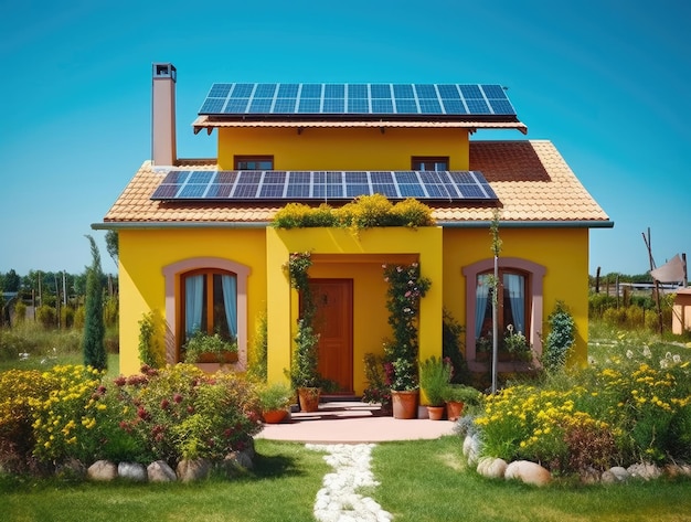 Modernes gelbes Haus mit Garten und Sonnenkollektoren auf dem Dach vor blauem Himmel